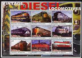 Somalia 2002 Diesel Locomotives #1 perf sheetlet containing set of 9 values unmounted mint, stamps on , stamps on  stamps on railways