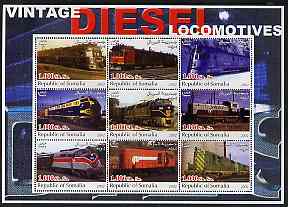 Somalia 2002 Diesel Locomotives #2 perf sheetlet containing set of 9 values unmounted mint, stamps on , stamps on  stamps on railways