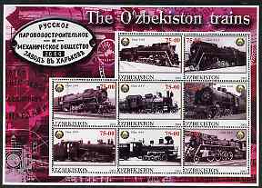 Uzbekistan 2001 Steam Trains #1 perf sheetlet containing 8 values unmounted mint, stamps on , stamps on  stamps on railways