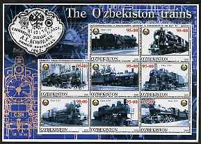 Uzbekistan 2001 Steam Trains #2 perf sheetlet containing 8 values unmounted mint, stamps on , stamps on  stamps on railways