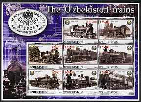 Uzbekistan 2001 Steam Trains #3 perf sheetlet containing 8 values unmounted mint, stamps on , stamps on  stamps on railways