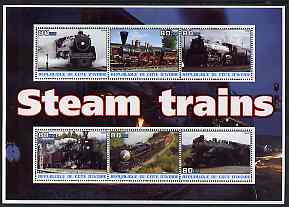 Ivory Coast 2003 Steam Trains #1 perf sheetlet containing 6 values unmounted mint, stamps on , stamps on  stamps on railways