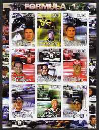 Tadjikistan 2001 Formula 1 imperf sheetlet #1 containing set of 9 values unmounted mint, stamps on , stamps on  stamps on cars, stamps on  stamps on racing cars, stamps on  stamps on formula 1, stamps on  stamps on  f1 , stamps on  stamps on shells