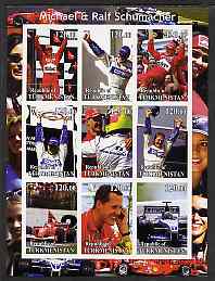 Turkmenistan 2001 The Schumachers (Formula 1) imperf sheetlet containing set of 9 values unmounted mint, stamps on , stamps on  stamps on cars, stamps on  stamps on racing cars, stamps on  stamps on formula 1, stamps on  stamps on  f1 , stamps on  stamps on shells