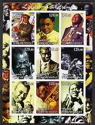 Turkmenistan 2001 Louis Armstrong imperf sheetlet containing 9 values unmounted mint, stamps on personalities, stamps on music, stamps on jazz