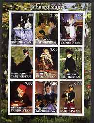 Tadjikistan 2001 Edouard Manet imperf sheetlet containing 9 values unmounted mint, stamps on arts, stamps on manet
