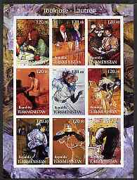 Turkmenistan 2001 Toulouse-Lautrec imperf sheetlet containing 9 values unmounted mint, stamps on arts, stamps on lautrec