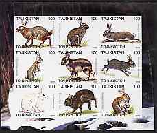 Tadjikistan 1999 Rabbits imperf sheetlet containing 9 values unmounted mint, stamps on , stamps on  stamps on animals, stamps on  stamps on rabbits