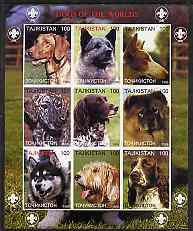 Tadjikistan 1999 Dogs of the World imperf sheetlet containing 9 values (Scout Logo in margins) unmounted mint, stamps on , stamps on  stamps on dogs, stamps on  stamps on scouts