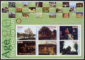 Uzbekistan 2002 Age of Impressionism - Camille Corot large imperf sheetlet containing 6 values (Rotary logo in margin) unmounted mint, stamps on arts, stamps on corot, stamps on rotary