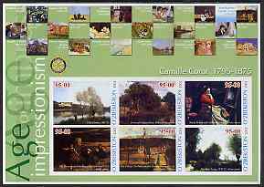 Uzbekistan 2002 Age of Impressionism - Camille Corot large imperf sheetlet containing 6 values (Rotary logo in margin) unmounted mint, stamps on , stamps on  stamps on arts, stamps on  stamps on corot, stamps on  stamps on rotary