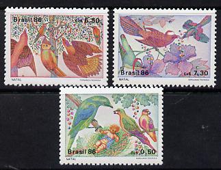 Brazil 1986 Christmas (Birds) set of 3 unmounted mint, SG 2256-58, stamps on , stamps on  stamps on birds, stamps on christmas, stamps on bee-eater, stamps on tit