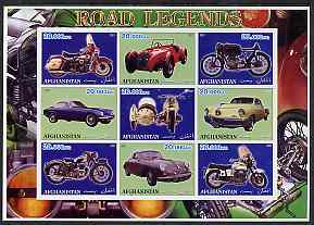 Afghanistan 2001 Road Legends imperf sheetlet containing set of 9 values unmounted mint (5 Motorcycles & 4 cars), stamps on , stamps on  stamps on cars, stamps on  stamps on motorbikes