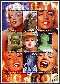 Uzbekistan 2002 Marilyn Monroe #1 perf sheetlet containing set of 9 values unmounted mint (Inscribed Marilyn), stamps on , stamps on  stamps on films, stamps on  stamps on cinema, stamps on  stamps on entertainments, stamps on  stamps on music, stamps on  stamps on personalities, stamps on  stamps on marilyn monroe