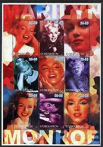 Uzbekistan 2002 Marilyn Monroe #2 perf sheetlet containing set of 9 values unmounted mint (Inscribed Marilyn), stamps on , stamps on  stamps on films, stamps on  stamps on cinema, stamps on  stamps on entertainments, stamps on  stamps on music, stamps on  stamps on personalities, stamps on  stamps on marilyn monroe