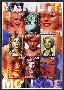 Uzbekistan 2002 Marilyn Monroe #3 perf sheetlet containing set of 9 values unmounted mint (Inscribed Marilyn), stamps on , stamps on  stamps on films, stamps on  stamps on cinema, stamps on  stamps on entertainments, stamps on  stamps on music, stamps on  stamps on personalities, stamps on  stamps on marilyn monroe