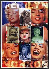 Uzbekistan 2002 Marilyn Monroe #1 imperf sheetlet containing set of 9 values unmounted mint (Inscribed Merilyn), stamps on , stamps on  stamps on films, stamps on  stamps on cinema, stamps on  stamps on entertainments, stamps on  stamps on music, stamps on  stamps on personalities, stamps on  stamps on marilyn monroe