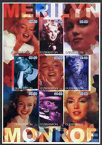 Uzbekistan 2002 Marilyn Monroe #2 imperf sheetlet containing set of 9 values unmounted mint (Inscribed Merilyn), stamps on , stamps on  stamps on films, stamps on  stamps on cinema, stamps on  stamps on entertainments, stamps on  stamps on music, stamps on  stamps on personalities, stamps on  stamps on marilyn monroe