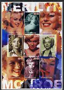 Uzbekistan 2002 Marilyn Monroe #3 imperf sheetlet containing set of 9 values unmounted mint (Inscribed Merilyn), stamps on , stamps on  stamps on films, stamps on  stamps on cinema, stamps on  stamps on entertainments, stamps on  stamps on music, stamps on  stamps on personalities, stamps on  stamps on marilyn monroe