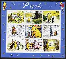Tadjikistan 1999 Winnie the Pooh imperf sheetlet containing set of 9 values unmounted mint, stamps on bears, stamps on children, stamps on cartoons, stamps on owls, stamps on teddy bears, stamps on honey