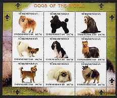 Turkmenistan 2000 ? Dogs of the World perf sheetlet containing 9 values with Scout logo in margins unmounted mint, stamps on , stamps on  stamps on dogs, stamps on  stamps on scouts