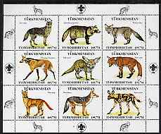 Turkmenistan 2000 ? Wild Dogs perf sheetlet containing 9 values with Scout logo in margins unmounted mint, stamps on , stamps on  stamps on dogs, stamps on  stamps on scouts