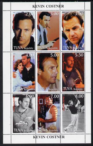 Touva 1999 Kevin Costner sheetlet containing complete set of 9 values (incl KC playing Golf), stamps on personalities, stamps on entertainments, stamps on films, stamps on cinema, stamps on golf