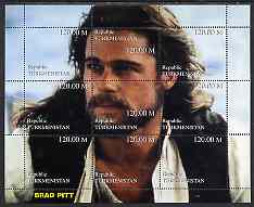 Turkmenistan 1999 Brad Pitt composite perf sheetlet containing set of 9 values unmounted mint, stamps on , stamps on  stamps on films, stamps on  stamps on movies, stamps on  stamps on cinema, stamps on  stamps on entertainments, stamps on  stamps on personalities