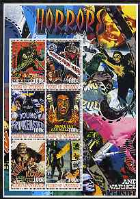 Myanmar 2001 Horror Movie Posters large perf sheetlet containing set of 6 values unmounted mint, stamps on films, stamps on movies, stamps on cinema, stamps on entertainments, stamps on horror