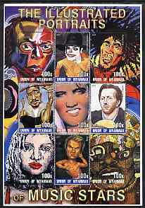 Myanmar 2001 Portraits of Music Stars #1 perf sheetlet containing set of 9 values unmounted mint, stamps on music, stamps on entertainments, stamps on personalities, stamps on elvis