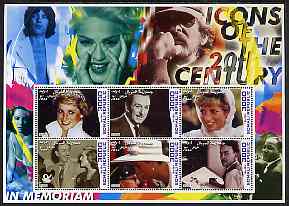 Somalia 2001 Icons of the 20th Century #19 - Princess Di & Walt Disney perf sheetlet containing 6 values (also shows Mick Jagger, Madonna, Spielberg, Luther King & Liz Taylor in background) unmounted mint, stamps on , stamps on  stamps on personalities, stamps on  stamps on millennium, stamps on  stamps on disney, stamps on  stamps on movies, stamps on  stamps on films, stamps on  stamps on royalty, stamps on  stamps on diana, stamps on  stamps on music