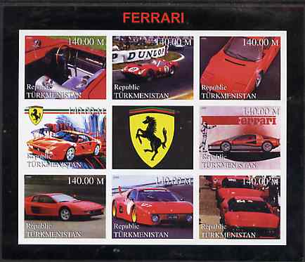 Turkmenistan 1999 Ferrari imperf sheetlet containing set of 8 values plus label unmounted mint, stamps on , stamps on  stamps on racing cars, stamps on  stamps on ferrari, stamps on  stamps on cars, stamps on  stamps on vets