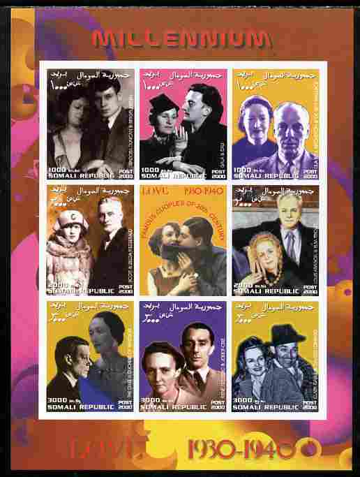 Somalia 2000 Love 1930-40 (Personalities) imperf sheetlet containing set of 8 values plus label unmounted mint. Note this item is privately produced and is offered purely on its thematic appeal, stamps on personalities, stamps on women, stamps on films, stamps on cinenma, stamps on movies