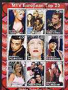 Tadjikistan 2001 MTV European Top 20 perf sheetlet containing 9 values unmounted mint (Robbie Williams, Madonna, Britney Spears, Ricky Martin etc), stamps on , stamps on  stamps on personalities, stamps on  stamps on entertainments, stamps on  stamps on music, stamps on  stamps on pops, stamps on  stamps on rock