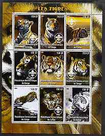 Congo 2004 Tigers perf sheetlet containing 9 values each with Scout Logo unmounted mint, stamps on animals, stamps on cats, stamps on tigers, stamps on scouts