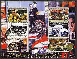 Congo 2004 Harley Davidson #1 perf sheetlet containing 6 values (with Elvis in background) unmounted mint, stamps on , stamps on  stamps on motorbikes, stamps on  stamps on elvis, stamps on  stamps on music, stamps on  stamps on personalities