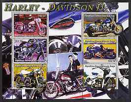 Congo 2004 Harley Davidson #2 perf sheetlet containing 6 values (with Elvis in background) unmounted mint, stamps on , stamps on  stamps on motorbikes, stamps on  stamps on elvis, stamps on  stamps on music, stamps on  stamps on personalities