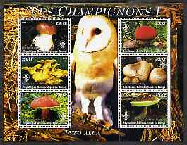 Congo 2004 Mushrooms #1 perf sheetlet containing 6 values each with Scout Logo and Barn Owl in background, unmounted mint, stamps on , stamps on  stamps on fungi, stamps on  stamps on scouts, stamps on  stamps on owls, stamps on  stamps on birds, stamps on  stamps on birds of prey, stamps on  stamps on 