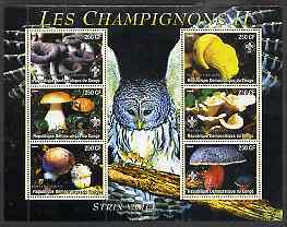 Congo 2004 Mushrooms #2 perf sheetlet containing 6 values each with Scout Logo and Barred Owl in background, unmounted mint, stamps on , stamps on  stamps on fungi, stamps on  stamps on scouts, stamps on  stamps on owls, stamps on  stamps on birds, stamps on  stamps on birds of prey, stamps on  stamps on 