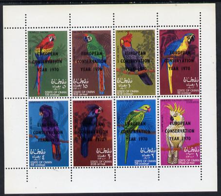 Oman 1970 Parrots (opt'd European Conservation Year 1970) complete perf set of 8 values (1b to 1R) unmounted mint, stamps on , stamps on  stamps on birds  parrots