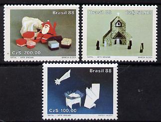 Brazil 1988 Christmas (Origami) set of 3 unmounted mint, SG 2329-31, stamps on , stamps on  stamps on christmas, stamps on santa, stamps on crafts, stamps on bethlehem