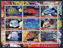 Rwanda 2001 Exotic Fish perf sheetlet containing 9 values each with Rotary & Lions International Logos, unmounted mint, stamps on , stamps on  stamps on fish, stamps on  stamps on marine life, stamps on  stamps on rotary, stamps on  stamps on lions int