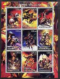 Turkmenistan 2001 Fantasy Art by Julie Bell #1 perf sheetlet containing 9 values unmounted mint, stamps on arts, stamps on women, stamps on nudes, stamps on fantasy