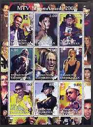 Tadjikistan 2001 MTV Music Awards perf sheetlet containing 9 values unmounted mint (REM, Anastacia, Shaggy etc), stamps on , stamps on  stamps on personalities, stamps on  stamps on entertainments, stamps on  stamps on music, stamps on  stamps on pops, stamps on  stamps on rock