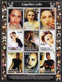 Tadjikistan 2001 Angelina Jolie perf sheetlet containing 9 values unmounted mint, stamps on , stamps on  stamps on films, stamps on  stamps on movies, stamps on  stamps on cinema, stamps on  stamps on entertainments, stamps on  stamps on personalities, stamps on  stamps on women, stamps on  stamps on 