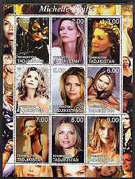 Tadjikistan 2001 Michelle Pfeiffer perf sheetlet containing 9 values unmounted mint, stamps on , stamps on  stamps on films, stamps on  stamps on movies, stamps on  stamps on cinema, stamps on  stamps on entertainments, stamps on  stamps on personalities, stamps on  stamps on women, stamps on  stamps on 