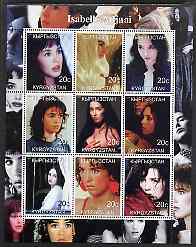 Kyrgyzstan 2000 Isabelle Adjani perf sheetlet containing 9 values unmounted mint, stamps on , stamps on  stamps on films, stamps on  stamps on movies, stamps on  stamps on cinema, stamps on  stamps on entertainments, stamps on  stamps on personalities, stamps on  stamps on women, stamps on  stamps on 