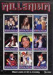 Rwanda 1999 Millennium - Music Stars of the 20th Century (Junior) perf sheetlet containing 9 values unmounted mint, stamps on , stamps on  stamps on millennium, stamps on  stamps on personalities, stamps on  stamps on entertainments, stamps on  stamps on music