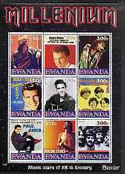 Rwanda 1999 Millennium - Music Stars of the 20th Century (Senior) perf sheetlet containing 9 values unmounted mint, stamps on , stamps on  stamps on millennium, stamps on  stamps on personalities, stamps on  stamps on entertainments, stamps on  stamps on music, stamps on  stamps on elvis, stamps on  stamps on beatles, stamps on  stamps on rock