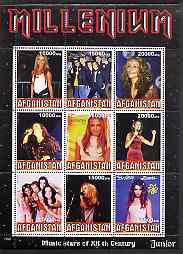 Afghanistan 1999 Millennium - Music Stars of the 20th Century (Junior) perf sheetlet containing 9 values unmounted mint, stamps on millennium, stamps on personalities, stamps on entertainments, stamps on music